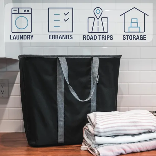 Vista 4 de CleverMade Cesta plegable para ropa sucia – Contenedor organizador de almacenamiento de 64 litros, paquete de 2 unidades color negro medianoche gris