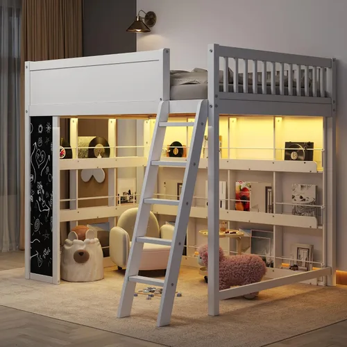 Vista 11 de SOFTSEA Twin Size Loft Bed with LED Lights & Storage Shelves, Antique White