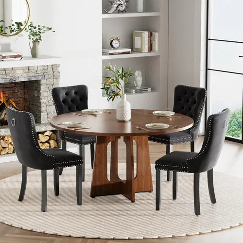 Vista 14 de Mesa de comedor redonda estilo granja para 6, mesa de cocina circular de 47" MDF con acabado de grano de madera, mesa de cocina y comedor de madera