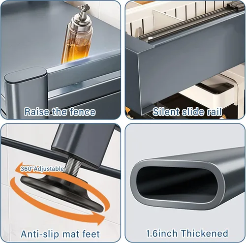 Vista 6 de Estante ajustable para horno de microondas, estante de microondas con cajones, estante de 2 niveles con soporte para tablas de cortar para estantes
