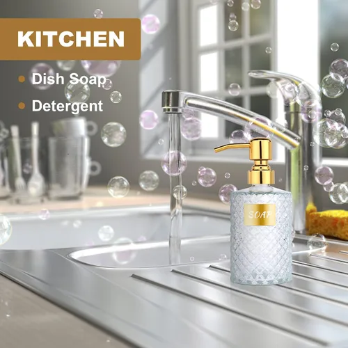 Vista 5 de MOCLIF Dispensador de vidrio de diamante de 12 onzas con dispensador de baño de acero inoxidable 304 dorado para cocina, jabón de manos, jabón