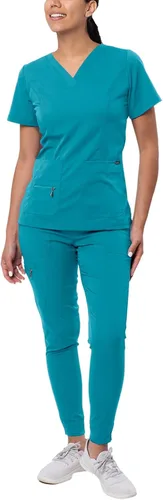 Vista 8 de Adar Pro Scrubs for Women Set - V-Neck & Jogger Cargo Pants, 7 Pockets Blanco