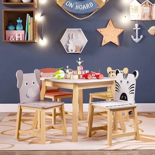 Vista 4 de Mesa de actividades de madera para niños+4 sillas para niño y niña Colorido