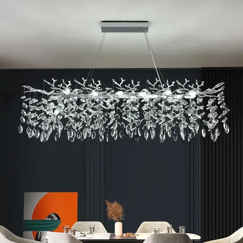 Vista 25 de Candelabro rectangular con ramas de árbol de cristal, L40 pulgadas, Mpdern de lujo cromado lineal Art Deco con forma de gota de lluvia para cocina