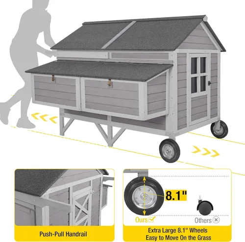 Vista 2 de Aivituvin gallinero móvil de madera con casa para gallinas y caja para rodar, jaula grande para aves mejorada con marco de hierro fuerte, duradera e