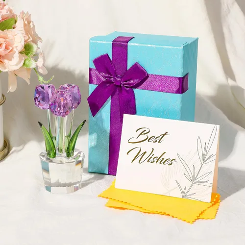 Vista 4 de YWHL Flor de tulipanes de cristal hecha a mano, regalos de tulipanes para mujeres, ramo de cristal, figuras coleccionables, adornos para decoración