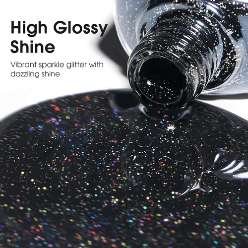 Vista 6 de COSMOO Esmalte de uñas de glitter negro de secado rápido, 12 ml, resistente a las astillas, vegano, de secado rápido, con vetas, de larga duración