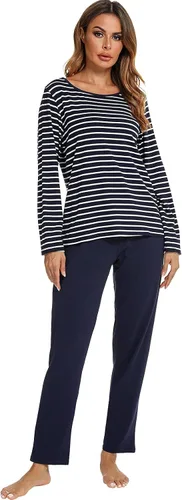Vista 2 de Pijamas de algodón para mujer, ropa de dormir de manga larga con pantalones, suave y cómoda a rayas, conjunto de pijama para mujer