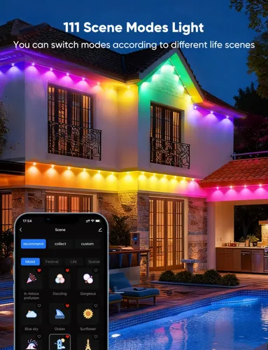 Vista 2 de APPECK Luces Permanentes para Exteriores de 200 pies con 144 luces LED, 72W, luces inteligentes RGBW para aleros, DC 36V, 40LM, luces de cadena