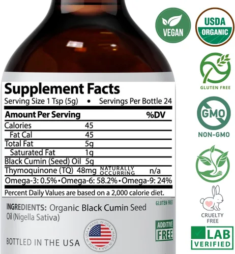 Vista 5 de Mother Nature Aceite orgánico de semillas negras USDA – prensado en frío, sin refinar y vegano, Nigella sativa alta en timoquinona (2%+), Omega 3 6