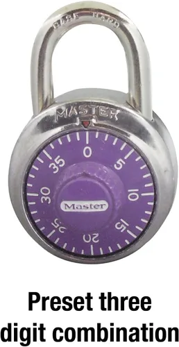 Vista 10 de Master Lock 1514D Candado de combinación, 1-7/8 pulgadas. Ancho 3/4 pulgadas. Grillete largo, esfera púrpura, 1.875 pulgadas