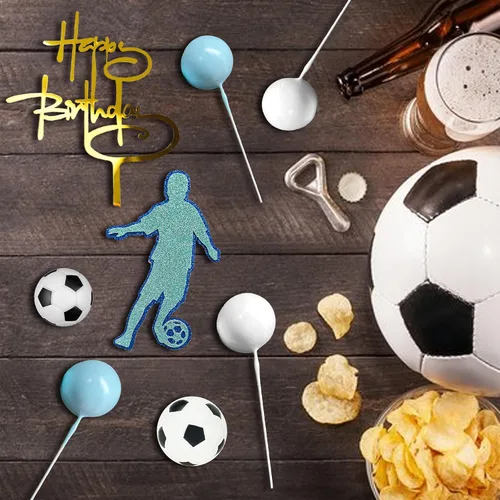 Vista 3 de 28 piezas de decoración de pastel de fútbol para niños, decoración de cupcakes deportivos con bolas azules y blancas y mini pelotas de fútbol