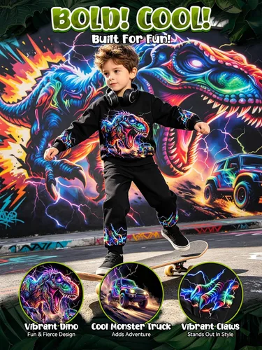 Vista 3 de Ochine Ropa para niños pequeños, sudadera de manga larga con estampado de dinosaurio T-Rex, sudadera y pantalones, 2 piezas, trajes de otoño e