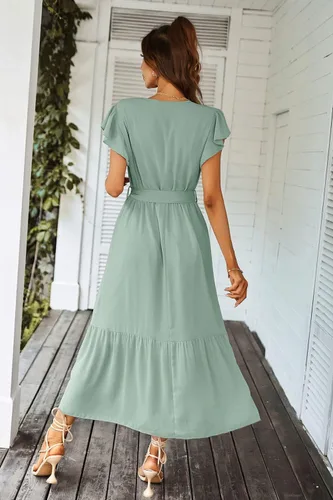 Vista 3 de PRETTYGARDEN - Vestido floral de verano para mujer, cruzado, con cuello en V, manga corta, con cinturón, dobladillo con volantes, acampanado