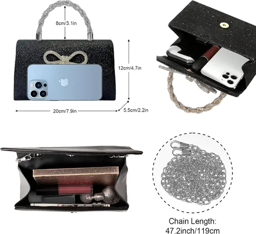 Vista 5 de Bolso de noche para mujer, con lazo brillante, para boda, con diamantes de imitación, bolsos elegantes para fiestas, bailes de graduación