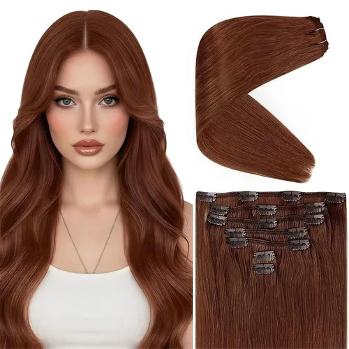 Vista 61 de Ve Sunny Extensiones de cabello clip-in de cabello humano real con reflejos, extensiones de cabello con clip para cabello corto, marrón oscuro