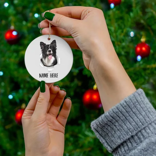 Vista 3 de Personalized Name Border Collie Sitting Christmas Tree Ornaments Circle Ceramic Decorations Gifts for Dog Lovers Owners