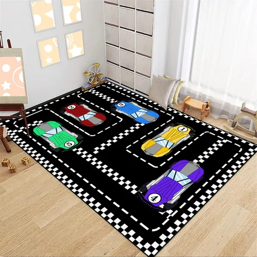 Vista 15 de Alfombra de construcción – Alfombras de construcción para habitación de niños, divertido diseño de camión de dibujos animados, alfombra de coche