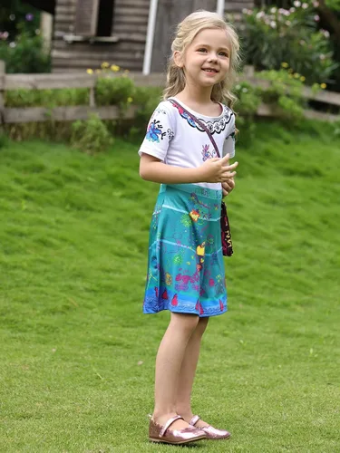 Vista 6 de HenzWorld Vestido Mirabel para niñas, disfraz de la familia Madrigal, disfraz de Isabella para fiesta de cumpleaños, ropa de regalo