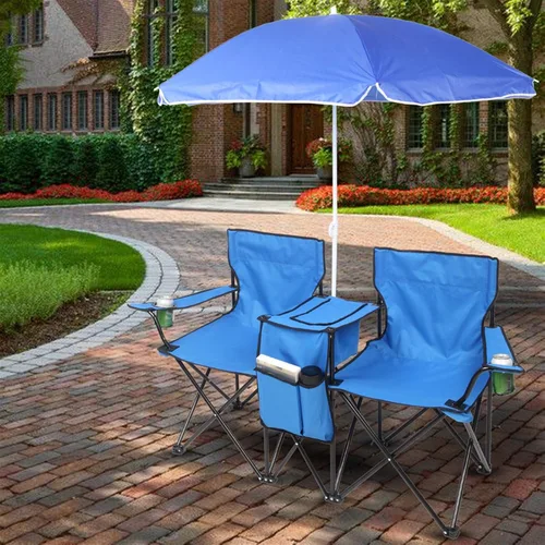 Vista 2 de Silla plegable doble portátil para acampar al aire libre o jardín, sombrilla extraíble de gran tamaño, bolsa enfriadora, silla de playa para adultos