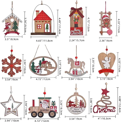 Vista 3 de IDATOO Adornos de Navidad, 12 piezas de decoraciones de árbol de Navidad de madera, juegos de adornos de Navidad rústicos de granja de estilo 3D