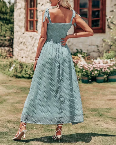 Vista 5 de PRETTYGARDEN Vestido largo casual de verano para mujer, estilo bohemio, con tirantes de corbata, cuello cuadrado, lunares suizos, color liso