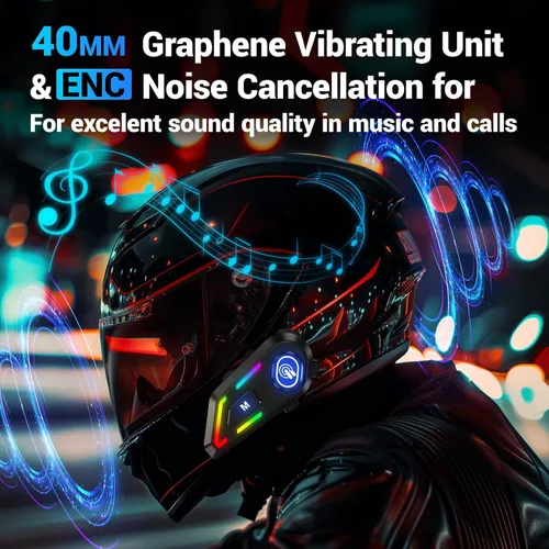 Vista 2 de Auriculares Bluetooth para casco con luces RGB para conductores, altavoces de casco con micrófonos duales, llamadas manos libres, música, IPX5