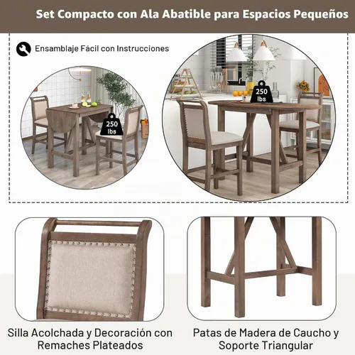 Vista 4 de Harper & Bright Designs Juego de comedor de cocina de 3 piezas de altura de mostrador con mesa de comedor de hojas caídas y 2 sillas acolchadas