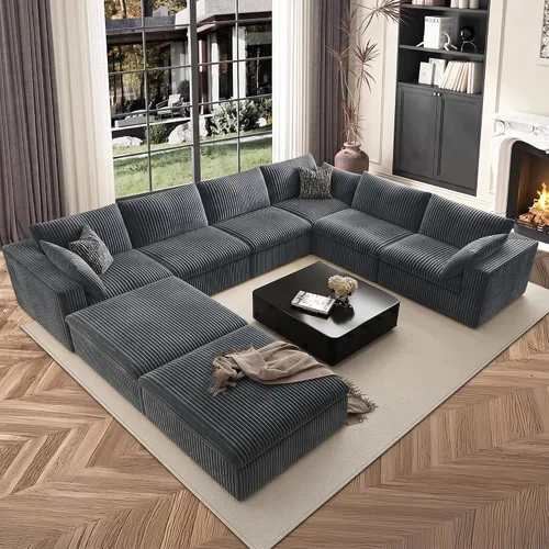Vista 17 de 118" Cloud Couch Oversized Modular Sectional Sofa, Boneless L-Shaped 6 Seater Deep Seat Couch with Ottoman, Soft Corduroy Upholstery, DIY Negro