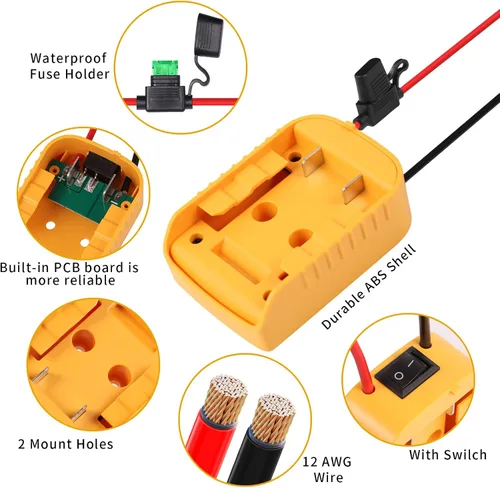 Vista 3 de Adaptador de ruedas eléctricas para Dewalt Adaptador de batería de 20 V, kit de conversión de batería con interruptor, terminales de cable