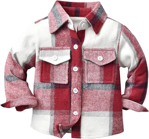 Vista 4 de IBAKOM Chaqueta a cuadros de manga larga con botones para bebés, niños y niñas, trajes de Navidad para otoño e invierno