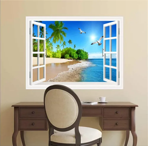 Vista 4 de 2 calcomanías autoadhesivas para pared, romántica, sala de estar, dormitorio, estudio, oficina, decoración de pared, paisaje del océano, calcomanía