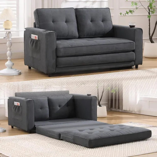 Vista 3 de Sofá cama plegable con soporte para tazas, sofá cama plegable con bolsillo lateral, sofá cama futón convertible para invitados