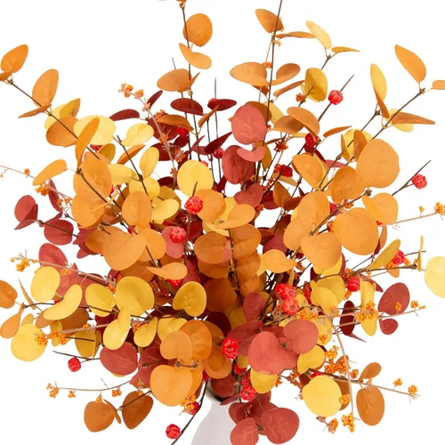 Vista 4 de 6 piezas de tallos de eucalipto artificial, decoraciones de otoño, ramas de hojas, decoraciones de otoño con ramas de flores de otoño y plantas
