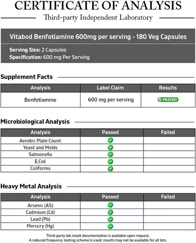 Vista 3 de Vitabod Benfotiamina 600mg - 180 cápsulas vegetarianas - Suplemento de vitamina B1 soluble en grasa