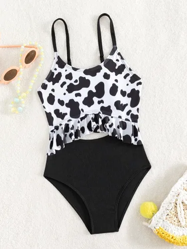 Vista 5 de WDIRARA Traje de baño de una pieza para niña con estampado de vaca y volantes de cintura alta