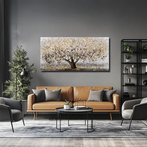 Vista 2 de CHUDANHAO Arte abstracto de graffiti gris para pared, pintura de árbol grande, impresiones fotográficas doradas, arte moderno en lienzo