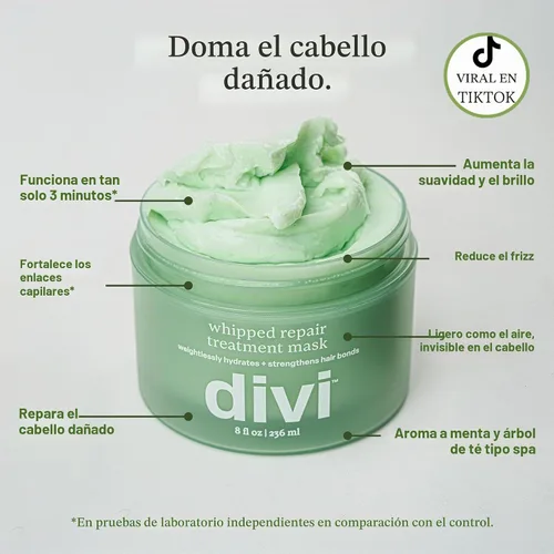 Vista 2 de divi Máscara de tratamiento de reparación batida Cabello seco, dañado y teñido 8 onzas