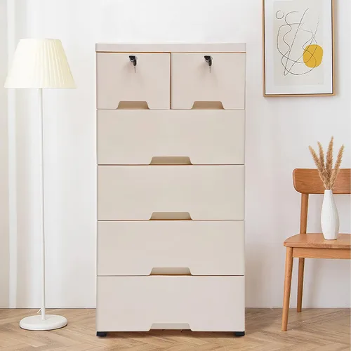 Vista 7 de WOQLIBE Cómoda moderna de plástico de 6 cajones, cómoda de plástico blanco, armario de almacenamiento de plástico con 6 cajones, cajones altos