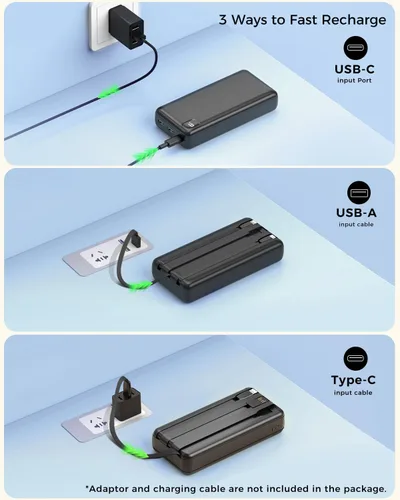 Vista 7 de Cargador Portátil Power Bank 50,000 mAh Cargador Portátil para Teléfono, Powerbank de Carga Rápida PD 22.5W, Cable Integrado, 5 Salidas 3 Entradas