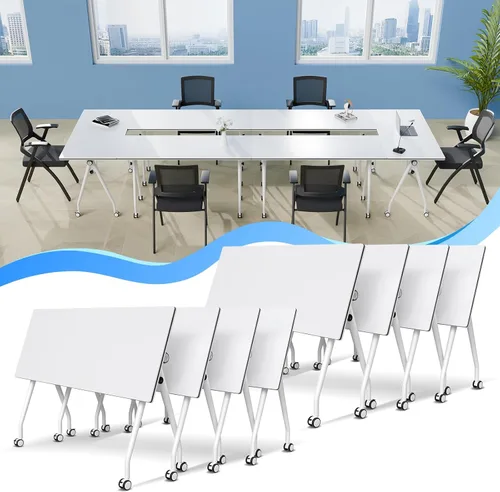 Vista 44 de Mesa de conferencias plegable con ruedas, mesa modular para sala de conferencias con 2 ojales para cables, mesas móviles de sala de reuniones