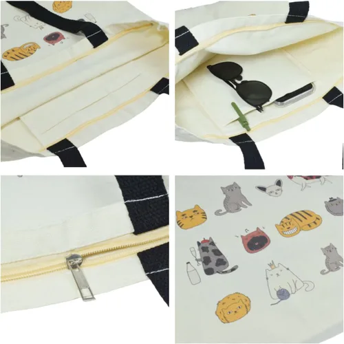 Vista 3 de Bonita bolsa de mano para mujer con cremallera, divertido bolso con gatos, perros, bolso grande de lona para el hombro