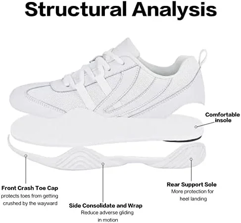 Vista 6 de CADIDL Zapatos de porrista para mujeres blancos, zapatos de baile atlético de porristas para niñas, zapatos planos de tenis para caminar, zapatillas