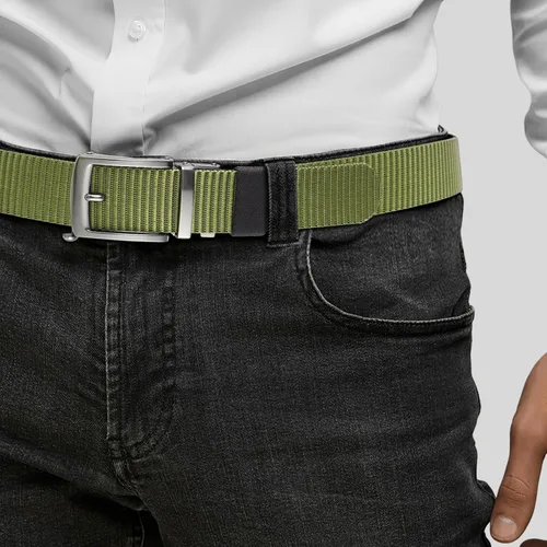 Vista 4 de Cinturones de trinquete de liberación rápida para hombre, cinturón de nailon reversible dos en uno para hombre casual y vestido deportivo