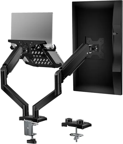 Vista 10 de WALI Soporte para laptop y monitor, soporte para monitor totalmente ajustable y bandeja para laptop para 1 portátil de hasta 17 pulgadas y 1