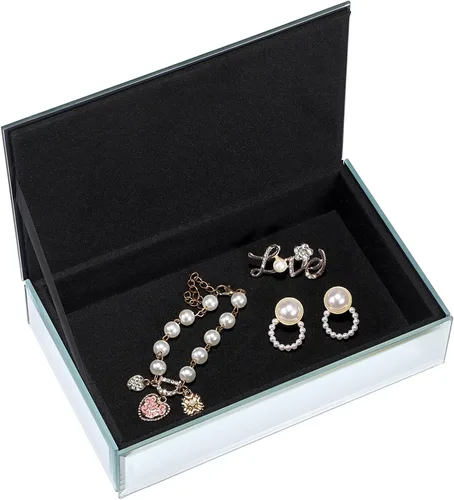 Vista 5 de Hipiwe Joyero con superficie de espejo de cristal, caja de almacenamiento para anillos, aretes, collares, pulseras, organizador de tesoros, caja