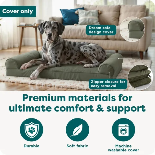 Vista 5 de Furhaven Funda de repuesto para cama de perro, estilo sofá, de pelo sintético y terciopelo, color salvia oscura, talla M