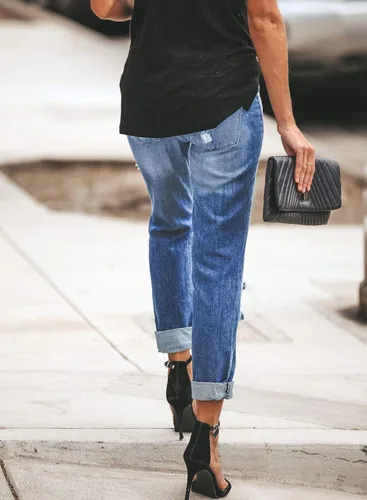 Vista 4 de Astylish - Jeans ajustados para mujer, desgastados, elásticos, con parches a cuadros, rasgados, con agujeros, estilo boyfriend