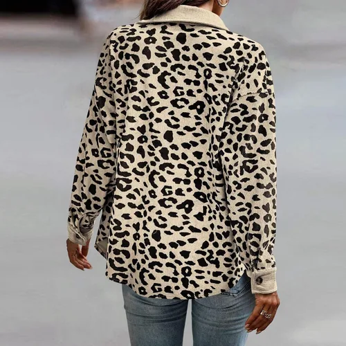 Vista 5 de Ropa de Invierno para mujer, chaqueta de botones de grano de leopardo, chaqueta casual suelta de forro polar, abrigo