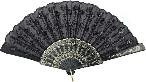 Vista 8 de InnoLife Elegante abanico de mano plegable con flores bordadas y patrón de pavo real con lentejuelas en tela artesanal (5 piezas, rojo)